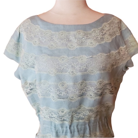 Vintage Makoff Light Blue & Lace Linen Dress - Picture 2 of 6